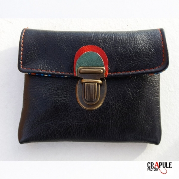 Porte Monnaie original  vintage bleu et bande rouge à pois zip