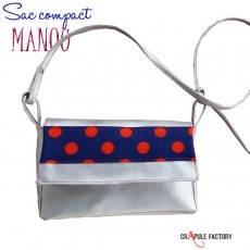 Sac "ManOu" à rabas retro original argenté et pois -  simili cuir argenté/ bande coton bleu foncé pois rouge / compact pin up